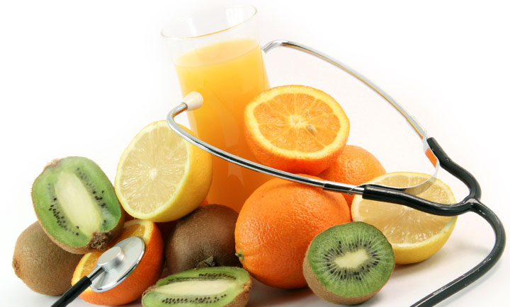 fruits and juice with stethascope